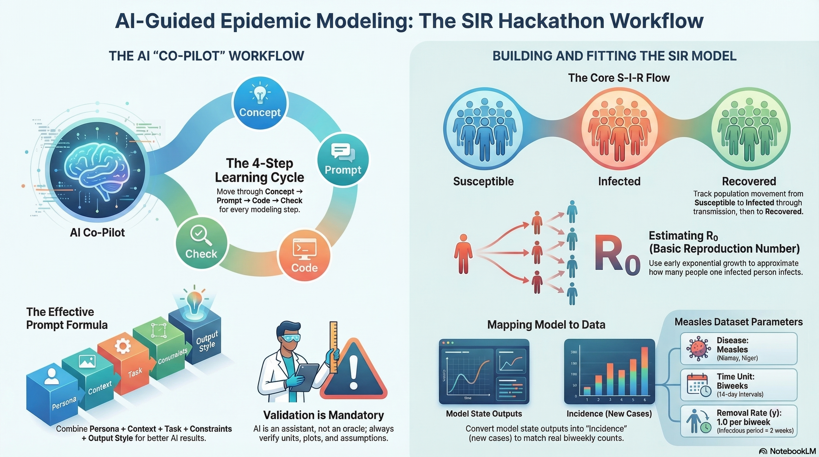 AI-Guided SIR Modeling Hackathon infographic