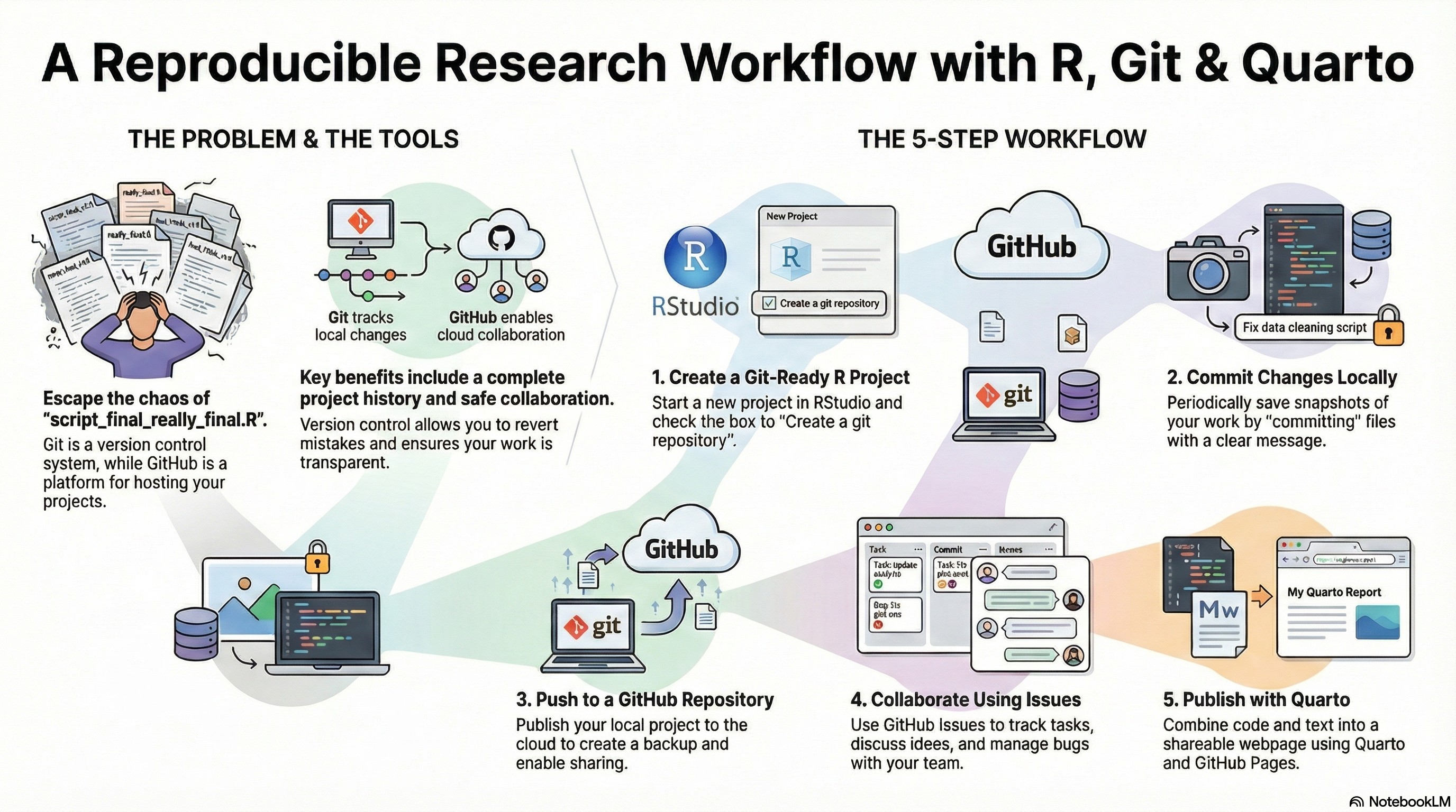 GitHub, R, and Quarto workflow infographic
