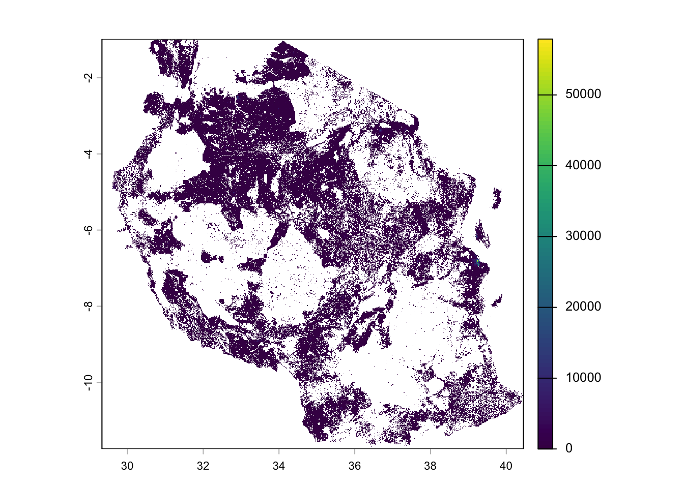 Carte raster de la population tanzanienne agrégée à une résolution de 1 kilomètre