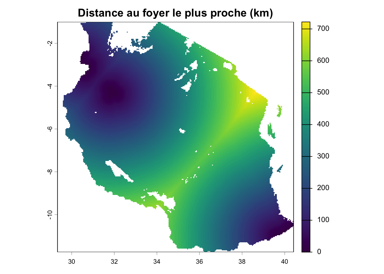 Carte de la distance en kilomètres jusqu'à la zone de forte prévalence la plus proche