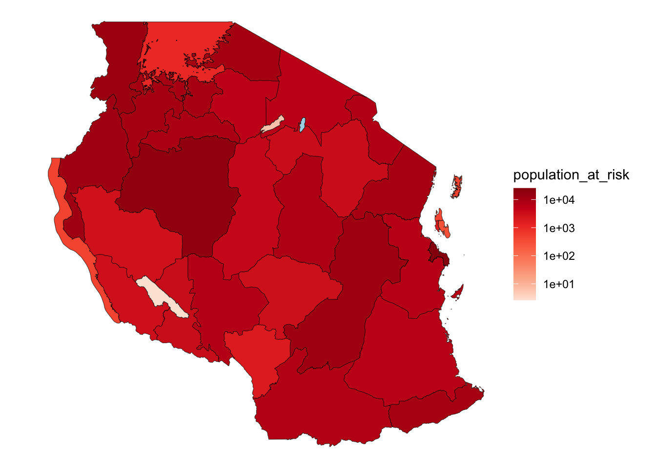 Carte de la population exposée au risque de paludisme agrégée par région tanzanienne