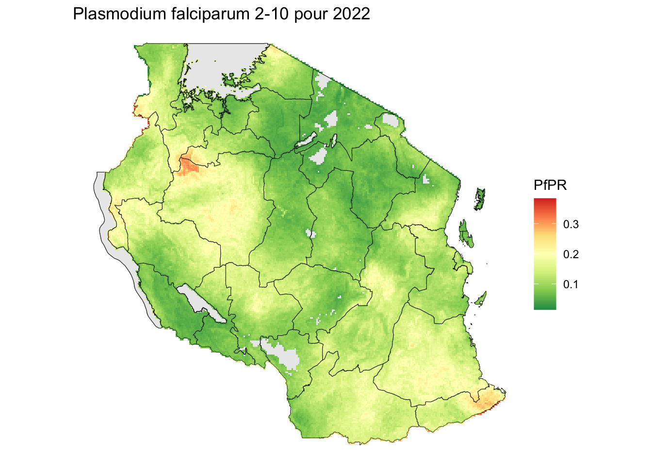 Carte de la prévalence PfPR en Tanzanie avec une palette allant du vert au rouge