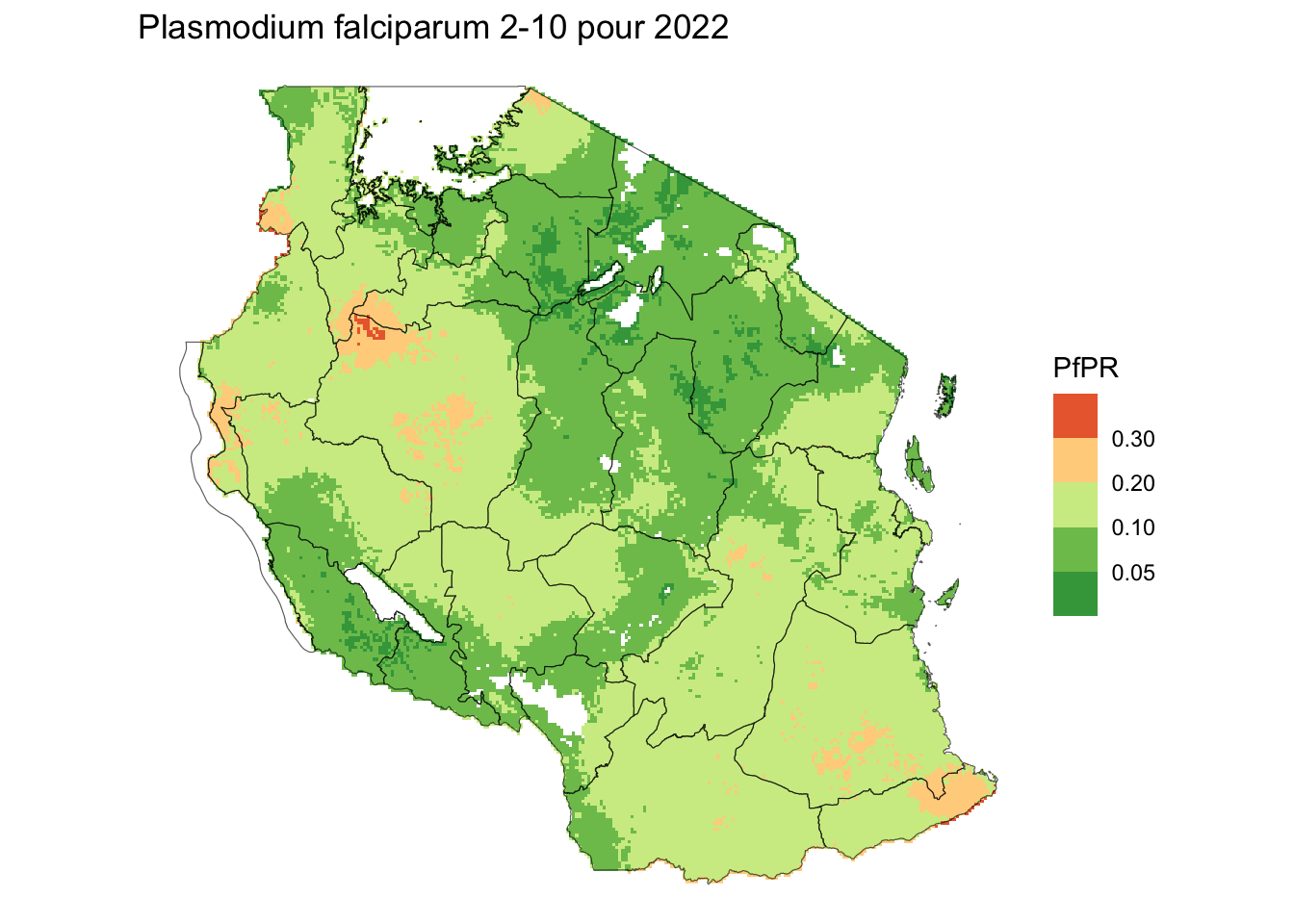Carte de la prévalence PfPR en Tanzanie répartie en cinq classes