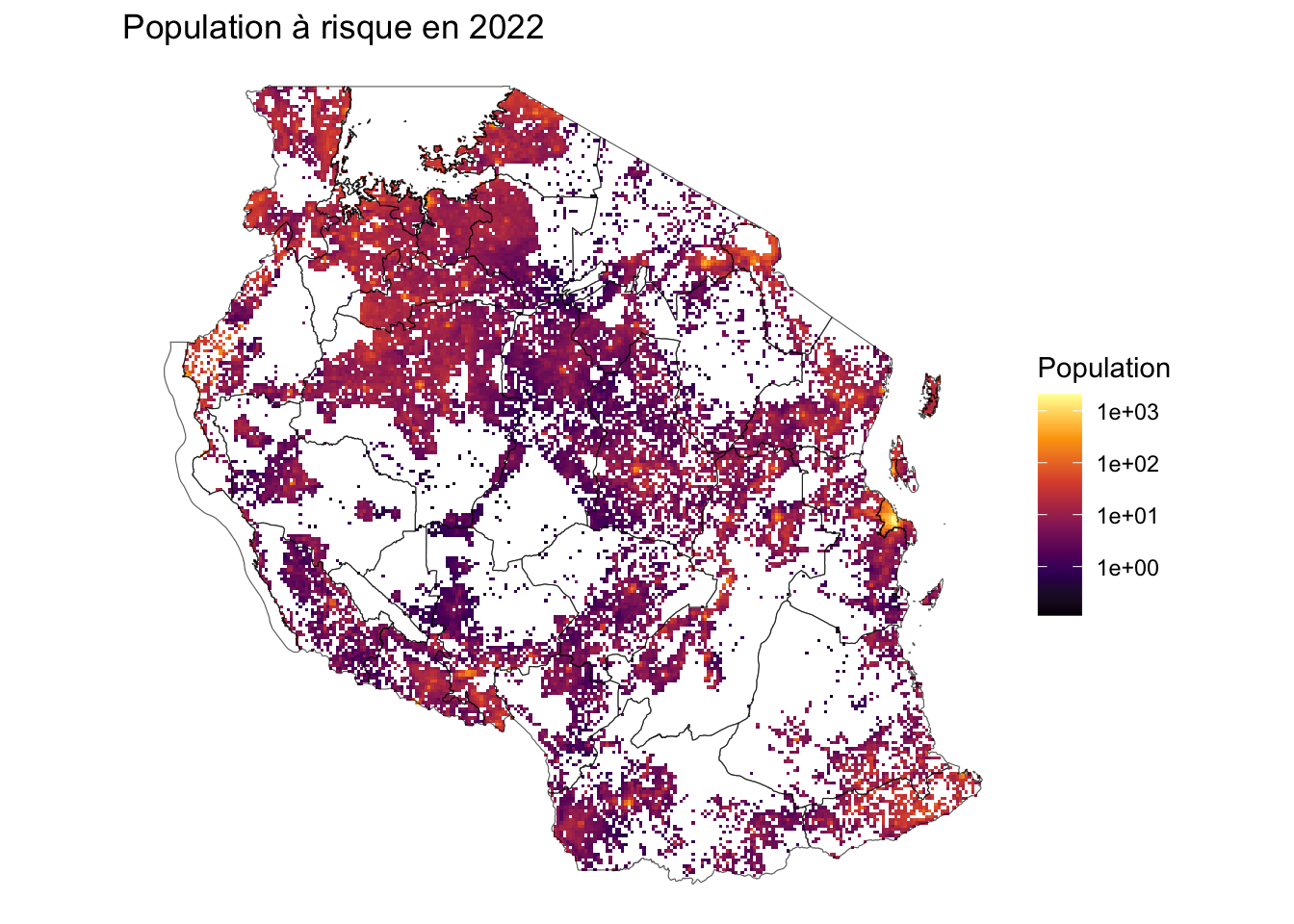 Carte de la population exposée au risque de paludisme en Tanzanie en 2022