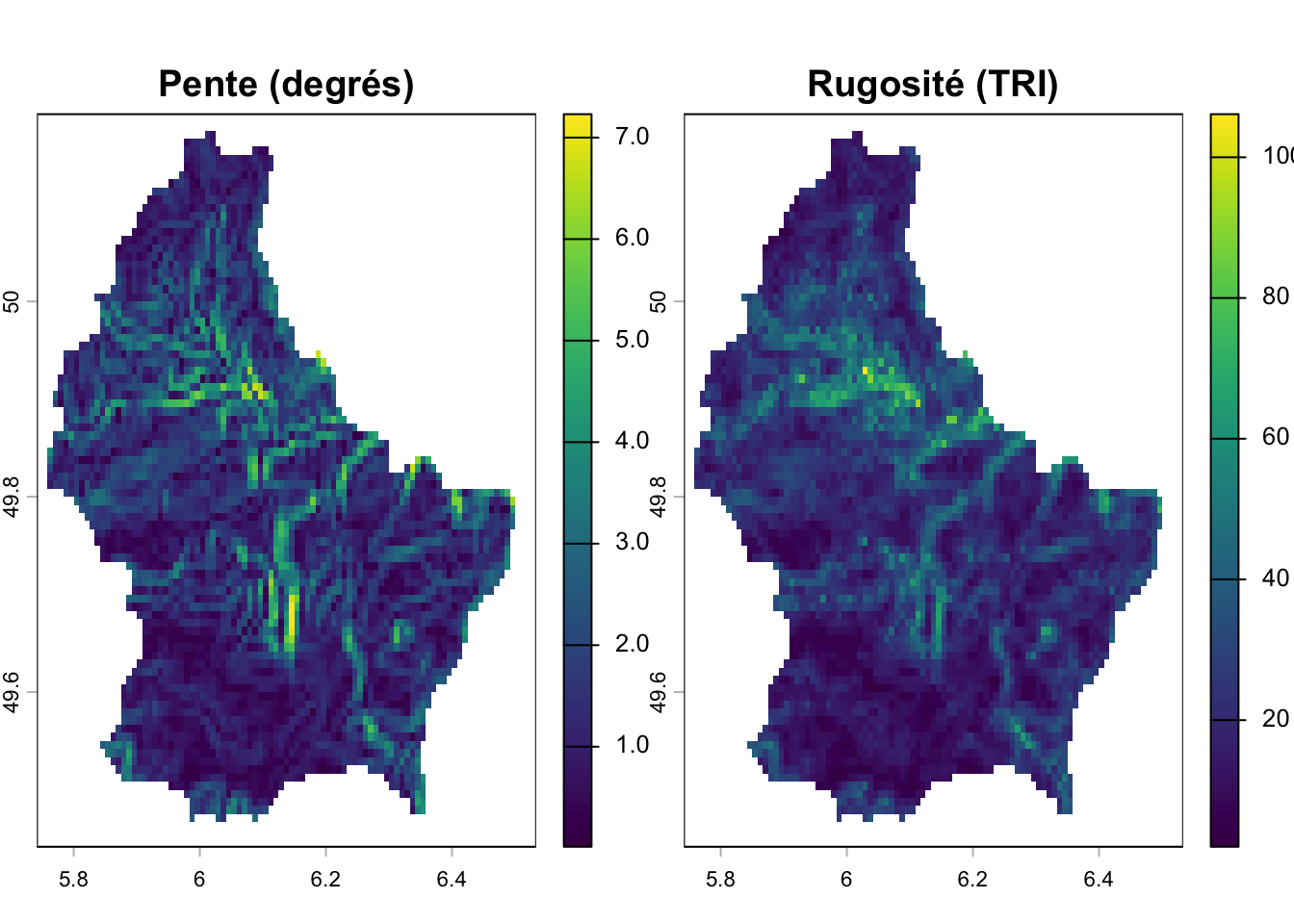 Cartes de la pente et de la rugosité dérivées d'un modèle numérique de terrain